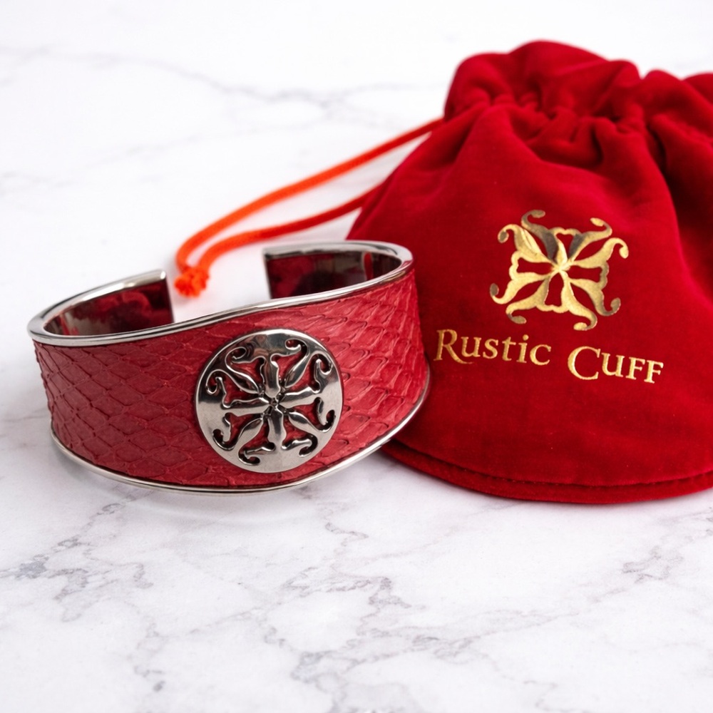 Rustic Cuff Red Leather Medallion Bracelet Wide Statement Cuff